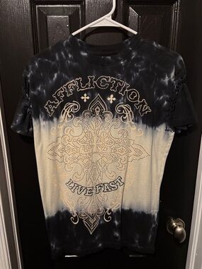 Affliction Black and Cream Tie-Dye Graphic Tee with Gold Accents
